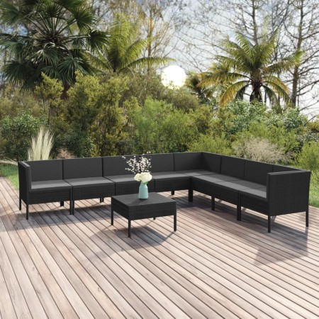 Set de muebles de jardín 9 pzas y cojines ratán sintético negro de vidaXL, Conjuntos de jardín - Ref: Foro24-3094461, Precio:...