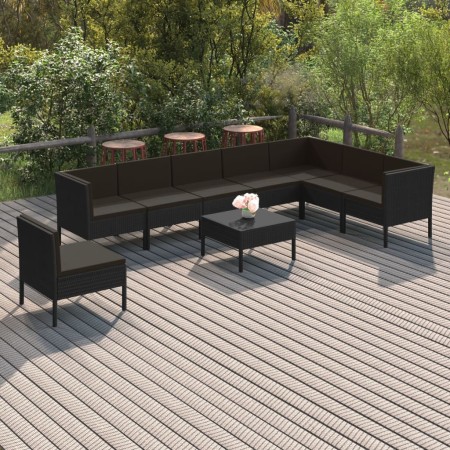 Set de muebles de jardín 9 pzas y cojines ratán sintético negro de vidaXL, Conjuntos de jardín - Ref: Foro24-3094445, Precio:...