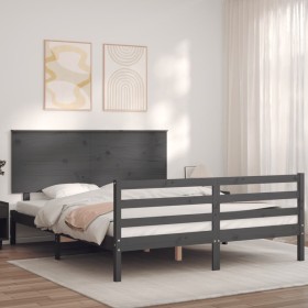 Gray solid wood bed frame with headboard 160x200 cm by vidaXL, Beds and slatted bases - Ref: Foro24-3195233, Price: 173,99 €,...