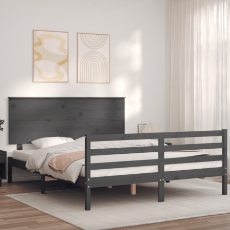 Gray solid wood bed frame with headboard 160x200 cm by vidaXL, Beds and slatted bases - Ref: Foro24-3195233, Price: 173,19 €,...