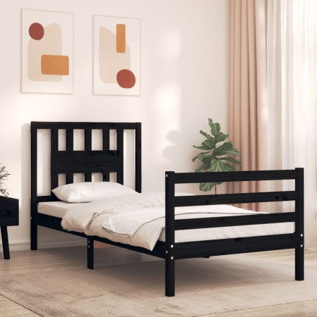 Bed frame with black solid wood headboard 90x200 cm by vidaXL, Beds and slatted bases - Ref: Foro24-3194560, Price: 121,01 €,...