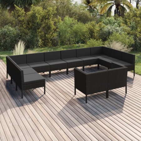 Set muebles de jardín 12 pzas y cojines ratán sintético negro de vidaXL, Conjuntos de jardín - Ref: Foro24-3094625, Precio: 9...