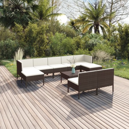 Set muebles de jardín 10 pzas y cojines ratán sintético marrón de vidaXL, Conjuntos de jardín - Ref: Foro24-3094551, Precio: ...