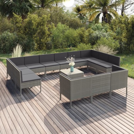 Set de muebles de jardín 14 pzas y cojines ratán sintético gris de vidaXL, Conjuntos de jardín - Ref: Foro24-3094630, Precio:...