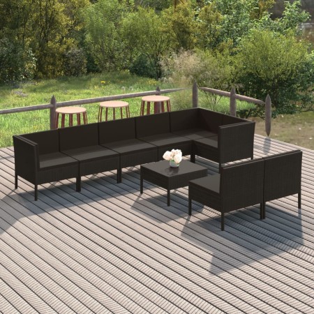 Set de muebles de jardín 9 pzas y cojines ratán sintético negro de vidaXL, Conjuntos de jardín - Ref: Foro24-3094397, Precio:...