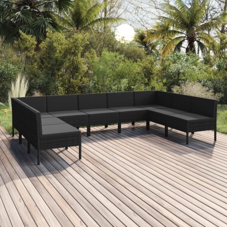 Set de muebles de jardín 9 pzas y cojines ratán sintético negro de vidaXL, Conjuntos de jardín - Ref: Foro24-3094597, Precio:...