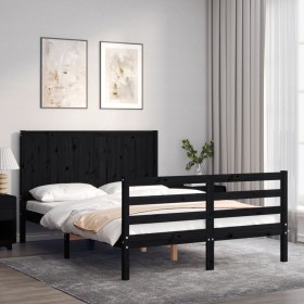 Double bed frame with black solid wood headboard by vidaXL, Beds and slatted bases - Ref: Foro24-3194480, Price: 149,99 €, Di...