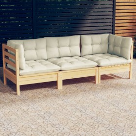 3-seater garden sofa with solid cream pine wood cushions by vidaXL, Outdoor sofas - Ref: Foro24-3096100, Price: 258,59 €, Dis...