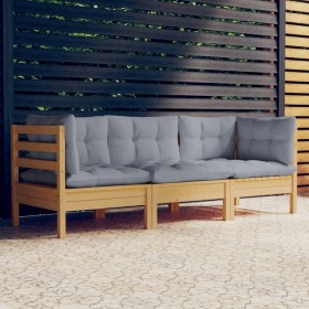 3-seater garden sofa with solid gray pine wood cushions by vidaXL, Outdoor sofas - Ref: Foro24-3096099, Price: 259,17 €, Disc...