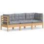 3-seater garden sofa with solid gray pine wood cushions by vidaXL, Outdoor sofas - Ref: Foro24-3096099, Price: 258,96 €, Disc...