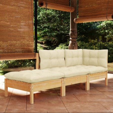 Muebles de jardín 3 piezas cojines madera maciza de pino crema de vidaXL, Conjuntos de jardín - Ref: Foro24-3096280, Precio: ...