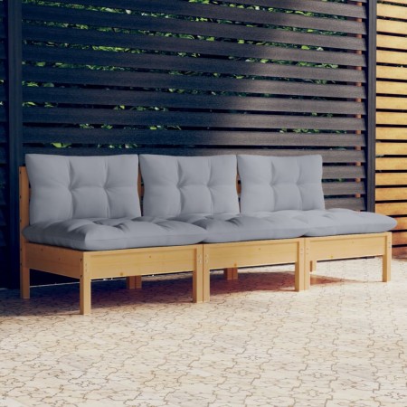 3-seater garden sofa with solid pine wood frame and gray cushions by vidaXL, Outdoor sofas - Ref: Foro24-3096075, Price: 257,...