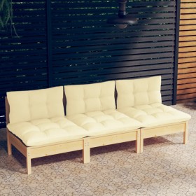 3-Sitzer-Gartensofa mit massiven Kissen aus cremefarbenem Kiefernholz von vidaXL, Outdoor-Sofas - Ref: Foro24-3096076, Preis:...