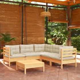 Muebles de jardín 6 pzas y cojines madera maciza de pino crema de vidaXL, Conjuntos de jardín - Ref: Foro24-3096677, Precio: ...