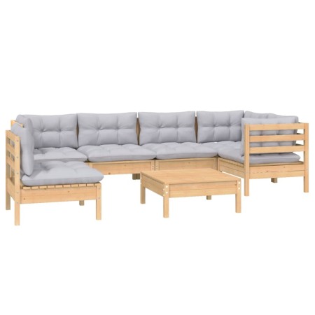 7-piece garden furniture set with gray pine wood cushions by vidaXL, Garden sets - Ref: Foro24-3096423, Price: 525,07 €, Disc...