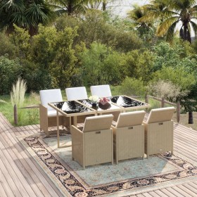 7-teiliges Garten-Essset mit beigen Kissen aus synthetischem Rattan von vidaXL, Gartensets - Ref: Foro24-3095542, Preis: 568,...