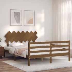 Double bed frame with honey brown wooden headboard by vidaXL, Beds and slatted bases - Ref: Foro24-3195294, Price: 149,99 €, ...