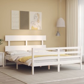 White solid wood bed frame with headboard 160x200 cm by vidaXL, Beds and slatted bases - Ref: Foro24-3195102, Price: 135,71 €...