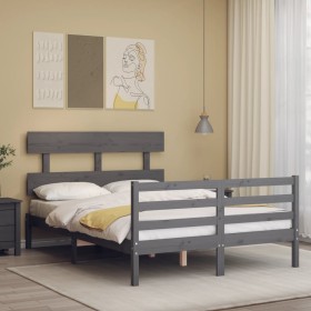 Gray solid wood bed frame with headboard 140x190 cm by vidaXL, Beds and slatted bases - Ref: Foro24-3195073, Price: 155,06 €,...