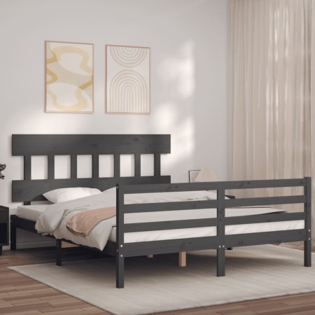 Estructura de cama matrimonio con cabecero madera maciza gris de vidaXL, Camas y somieres - Ref: Foro24-3195163, Precio: 153,...