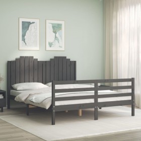 Double bed frame with gray solid wood headboard by vidaXL, Beds and slatted bases - Ref: Foro24-3194188, Price: 181,99 €, Dis...