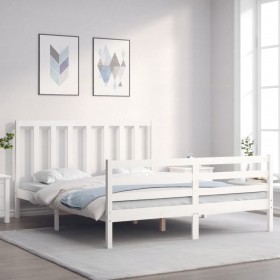 Double bed frame with white solid wood headboard by vidaXL, Beds and slatted bases - Ref: Foro24-3193797, Price: 141,99 €, Di...