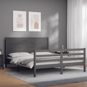 Double bed frame with gray solid wood headboard by vidaXL, Beds and slatted bases - Ref: Foro24-3194643, Price: 175,99 €, Dis...