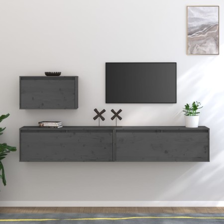 TV-Möbel 3-teilig aus massivem grauem Kiefernholz von vidaXL, TV-Möbel - Ref: Foro24-3100276, Preis: 172,15 €, Rabatt: %