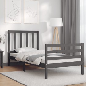 Gray solid wood bed frame with headboard 90x200 cm by vidaXL, Beds and slatted bases - Ref: Foro24-3193843, Price: 100,36 €, ...