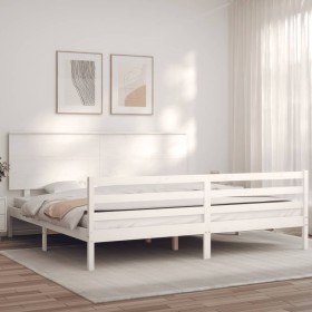 White solid wood bed frame with headboard 200x200 cm by vidaXL, Beds and slatted bases - Ref: Foro24-3195242, Price: 165,99 €...