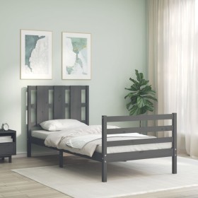 Gray solid wood bed frame with headboard 90x200 cm by vidaXL, Beds and slatted bases - Ref: Foro24-3194103, Price: 107,99 €, ...