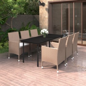 Garten Esstischgarnitur 7 tlg. und Kissen Kunststoff Rattan und Glas von vidaXL, Gartensets - Ref: Foro24-3099707, Preis: 620...