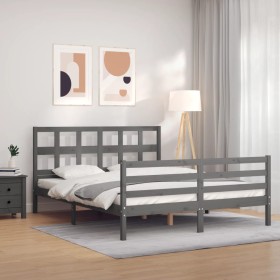 Gray solid wood bed frame with headboard 160x200 cm by vidaXL, Beds and slatted bases - Ref: Foro24-3194843, Price: 150,99 €,...