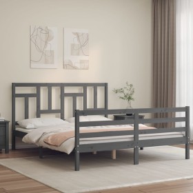 Double bed frame with gray solid wood headboard by vidaXL, Beds and slatted bases - Ref: Foro24-3194968, Price: 154,99 €, Dis...