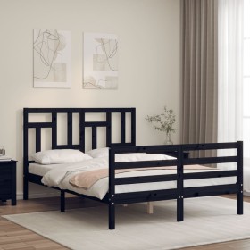 Double bed frame with black solid wood headboard by vidaXL, Beds and slatted bases - Ref: Foro24-3194935, Price: 138,99 €, Di...