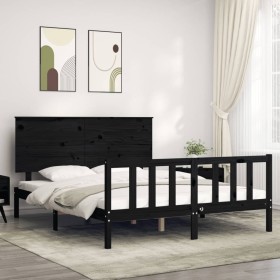 Bed frame with black solid wood headboard 160x200 cm by vidaXL, Beds and slatted bases - Ref: Foro24-3193415, Price: 190,99 €...