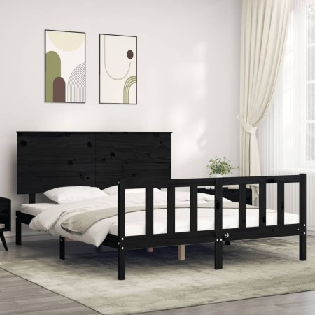 Bed frame with black solid wood headboard 160x200 cm by vidaXL, Beds and slatted bases - Ref: Foro24-3193415, Price: 190,68 €...