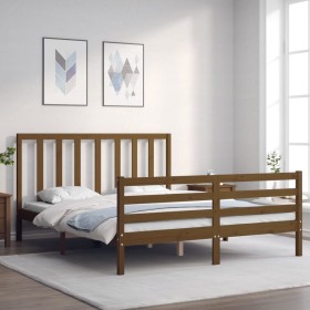 Double bed frame with honey brown wooden headboard by vidaXL, Beds and slatted bases - Ref: Foro24-3193799, Price: 152,99 €, ...