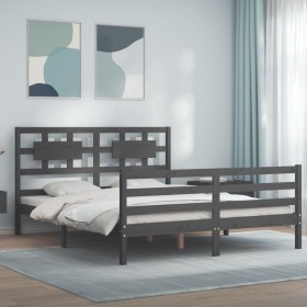 Gray solid wood bed frame with headboard 160x200 cm by vidaXL, Beds and slatted bases - Ref: Foro24-3194453, Price: 161,99 €,...