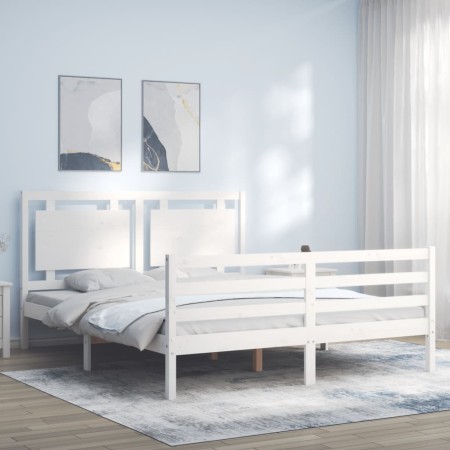 Double bed frame with white solid wood headboard by vidaXL, Beds and slatted bases - Ref: Foro24-3194057, Price: 172,99 €, Di...