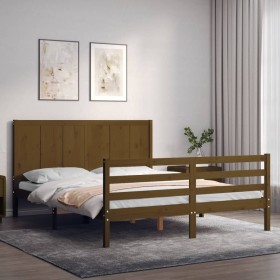 Double bed frame with honey brown wooden headboard by vidaXL, Beds and slatted bases - Ref: Foro24-3194514, Price: 169,99 €, ...