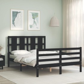 Estructura cama de matrimonio con cabecero madera maciza negra de vidaXL, Camas y somieres - Ref: Foro24-3194090, Precio: 145...