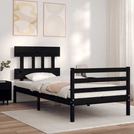 Bed frame with black solid wood headboard 90x200 cm by vidaXL, Beds and slatted bases - Ref: Foro24-3195145, Price: 116,91 €,...