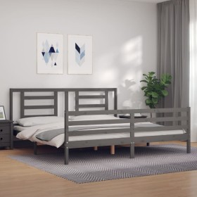 Gray solid wood bed frame with headboard 200x200 cm by vidaXL, Beds and slatted bases - Ref: Foro24-3194723, Price: 166,99 €,...