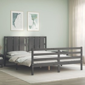 Grauer Massivholzbettrahmen mit Kopfteil 160x200 cm von vidaXL, Betten und Lattenroste - Ref: Foro24-3194128, Preis: 168,64 €...