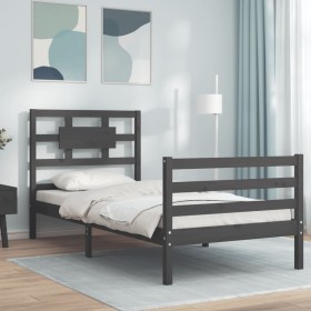 Gray solid wood bed frame with headboard 100x200 cm by vidaXL, Beds and slatted bases - Ref: Foro24-3194433, Price: 112,99 €,...