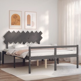 Gray solid wood bed frame with headboard 160x200 cm by vidaXL, Beds and slatted bases - Ref: Foro24-3195558, Price: 152,99 €,...