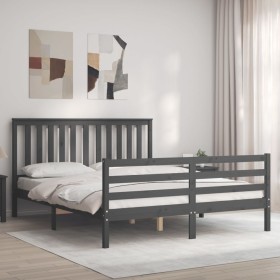 Double bed frame with gray solid wood headboard by vidaXL, Beds and slatted bases - Ref: Foro24-3194253, Price: 156,99 €, Dis...