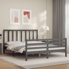 Gray solid wood bed frame with headboard 160x200 cm by vidaXL, Beds and slatted bases - Ref: Foro24-3193868, Price: 149,99 €,...