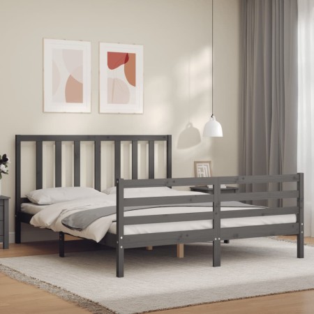 Gray solid wood bed frame with headboard 160x200 cm by vidaXL, Beds and slatted bases - Ref: Foro24-3193868, Price: 149,99 €,...